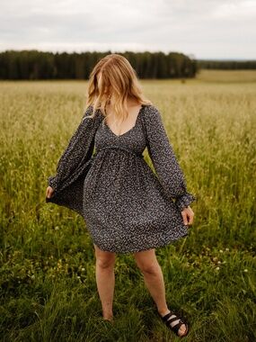 Navy Floral Long-Sleeve Smocked Babydoll Dress